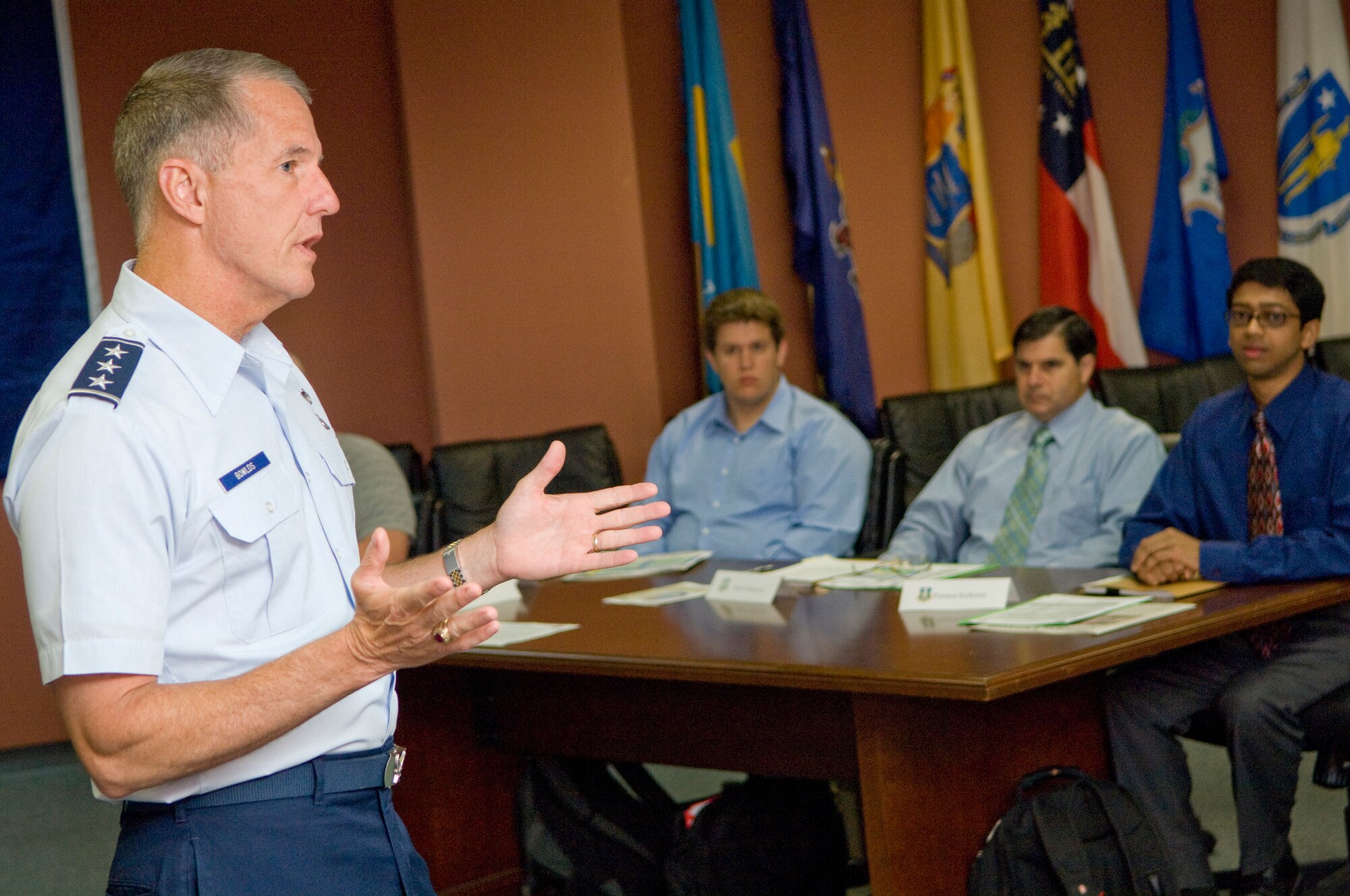 Electronic Systems Center Commander Lt. Gen. Ted Bowlds welcomes ESC's newest civilians on their first day of work Aug. 2 during the two-day orientation course for new hires in the Brown Building conference room.  Following his remarks, the general administered the oath of affirmation to support the U.S. Constitution for the new federal employees. ESC's Personnel directorate conducts a new civilian orientation at the beginning of every pay period.  (U.S. Air Force photo by Mark Wyatt)