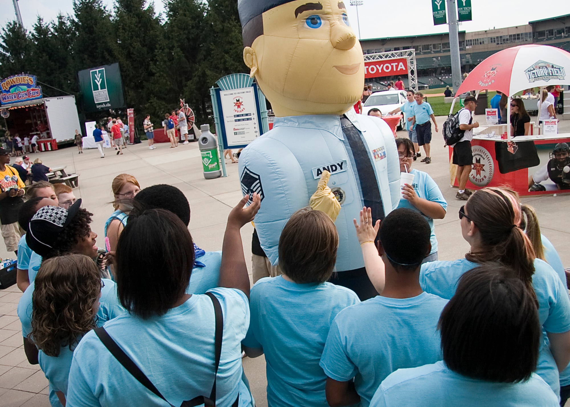GRISSOM AIR RESERVE BASE, Ind. -- Airman Andy, the mascot of the Air Force Reserve, entertains a group of high school students who were at an Indianapolis Indians baseball game July 22. Air Force Reserve recruiters were at the game along with members of the 434th Air Refueling Wing to sponsor the event. (U.S. Air Force photo/Tech. Sgt. Mark R. W. Orders-Woempner) 