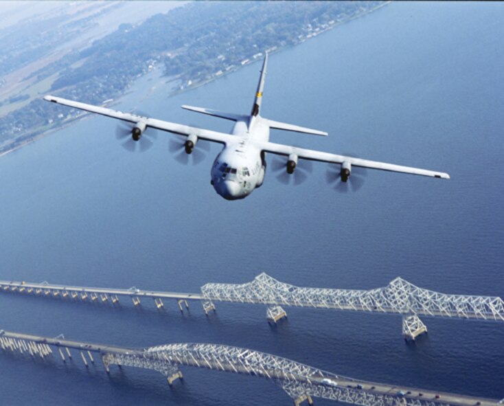 C-130J aircraft from the Maryland Air National Guard stationed at Warfield Air National Guard base in Baltimore, Maryland flying over the Chesepeake Bay Bridge during a training exercise. (File Photo, RELEASED)