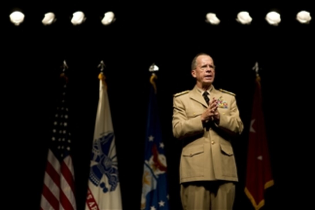Chairman of the Joint Chiefs of Staff Adm. Mike Mullen, U.S. Navy, addresses the audience at the National Guard Bureau Family Workshop and Youth Symposium in New Orleans, La., on August 2, 2010.  