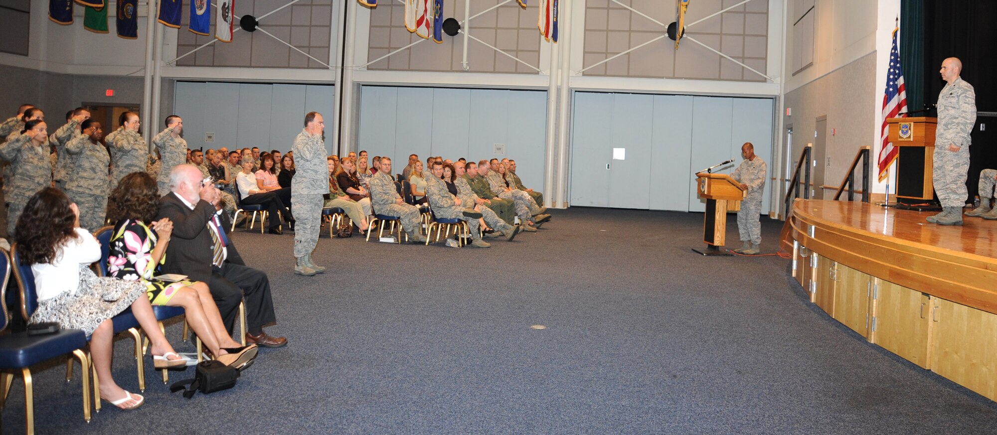 Airmen from a logistics readiness flight render their first salute to the incoming 22nd Logistics Readiness Squadron commander, Lt. Col. John O’Connor, during the 22nd LRS change of command ceremony at the Robert J. Dole Community Center ballroom July 30, 2010, McConnell Air Force Base, Kan.  The mission of the 22nd LRS is to provide timely, efficient and effective logistical support and combat ready Airmen to ensure global reach through air refueling and airlift worldwide.  (U.S. Air Force photo/Senior Airman Maria Ruiz)