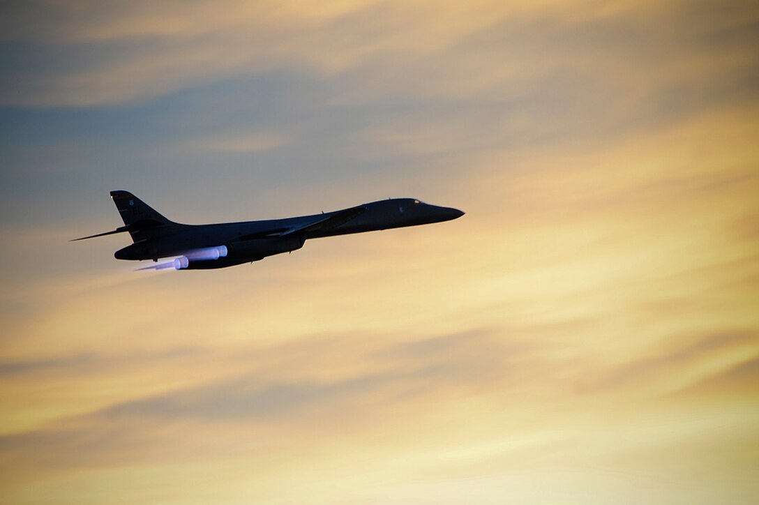 ELLSWORTH AIR FORCE BASE, S.D. – A B-1B Lancer begins a training mission, Aug. 3. Aircrew complete training sorties to meet certifications and to improve their skills necessary to save lives in combat. (U.S. Air Force photo/Airman 1st Class Corey Hook)