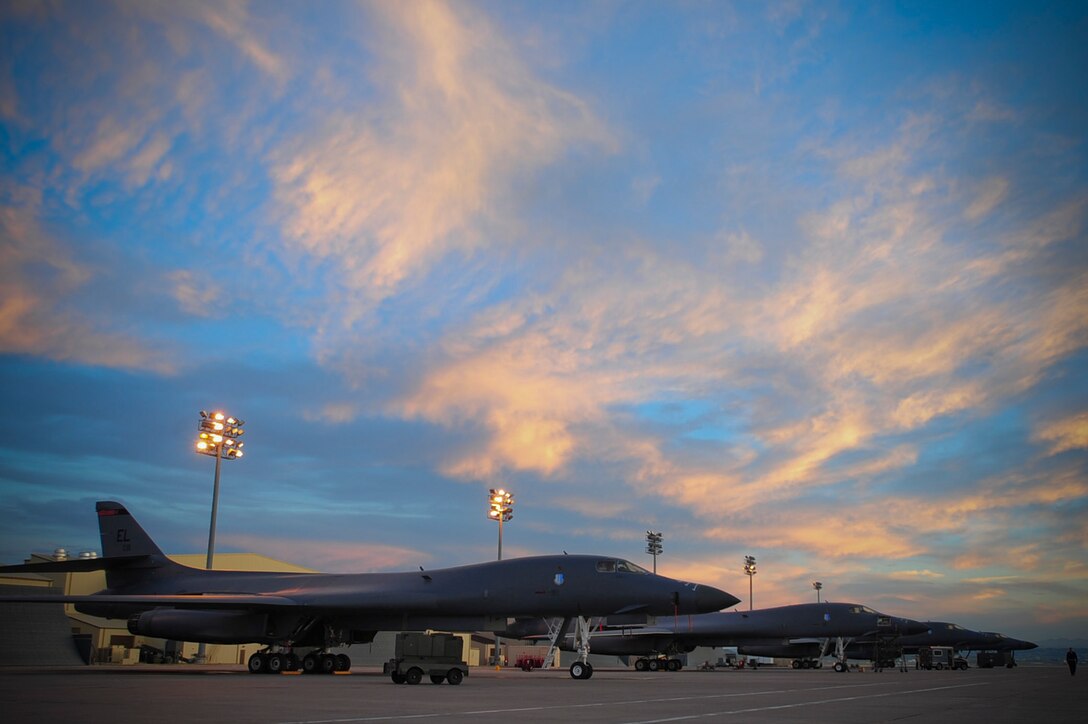ELLSWORTH AIR FORCE BASE, S.D. – B-1B Lancers are parked on the flightline, Aug. 3. Carrying the largest payload of both guided and unguided weapons in the Air Force inventory, the multi-mission B-1 is the backbone of America’s long-range bomber force. (U.S. Air Force photo/Airman 1st Class Corey Hook)