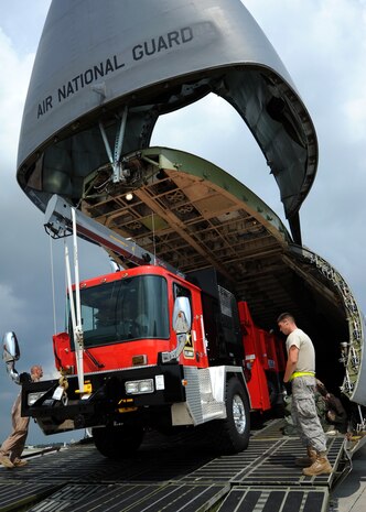 Airmen with the Air National Guard and the 437th Aerial Port Squadron guide a vehicle operator as he backs a V-2000NG well drilling truck into a C-5 Galaxy cargo plane July 30, 2010, on Joint Base Charleston, S.C. The V-2000NG is a well drilling truck manufactured by Laibe Corp. and was contracted by the U.S. Army to provide troops in the Middle East potable on-site water at the source rather than trucking water to the base of operations. By creating a local water source, the need for water transportation by convoy is reduced. (U.S. Air Force photo/Senior Airman Timothy Taylor)