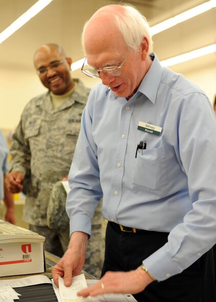 DYESS AIR FORCE BASE, Texas—Harold Turner, Dyess Base Service Center employee, inventories receipts here Aug. 2.at the San Antonio Lighthouse for the Blind Dyess Base Service Center Aug. 2 here.  The Dyess Base Service center, an affiliate of the San Antonio Lighthouse for the Blind, was awarded the Business of the Year Award from the Texas Department of Assistance and Rehabilitative Services. The award specifically recognizes the Base Service Center and the San Antonio Lighthouse for hiring employees who are blind or visually impaired. The SA Lighthouse employs more than 500 people, 250 of those are blind.  Located at 110 3rd Street, building 7004, the center’s business hours are Monday through Friday, 7:30 a.m. to 4 p.m. (U.S. Air Force photo/Airman 1st Class Brittney Smolinski)