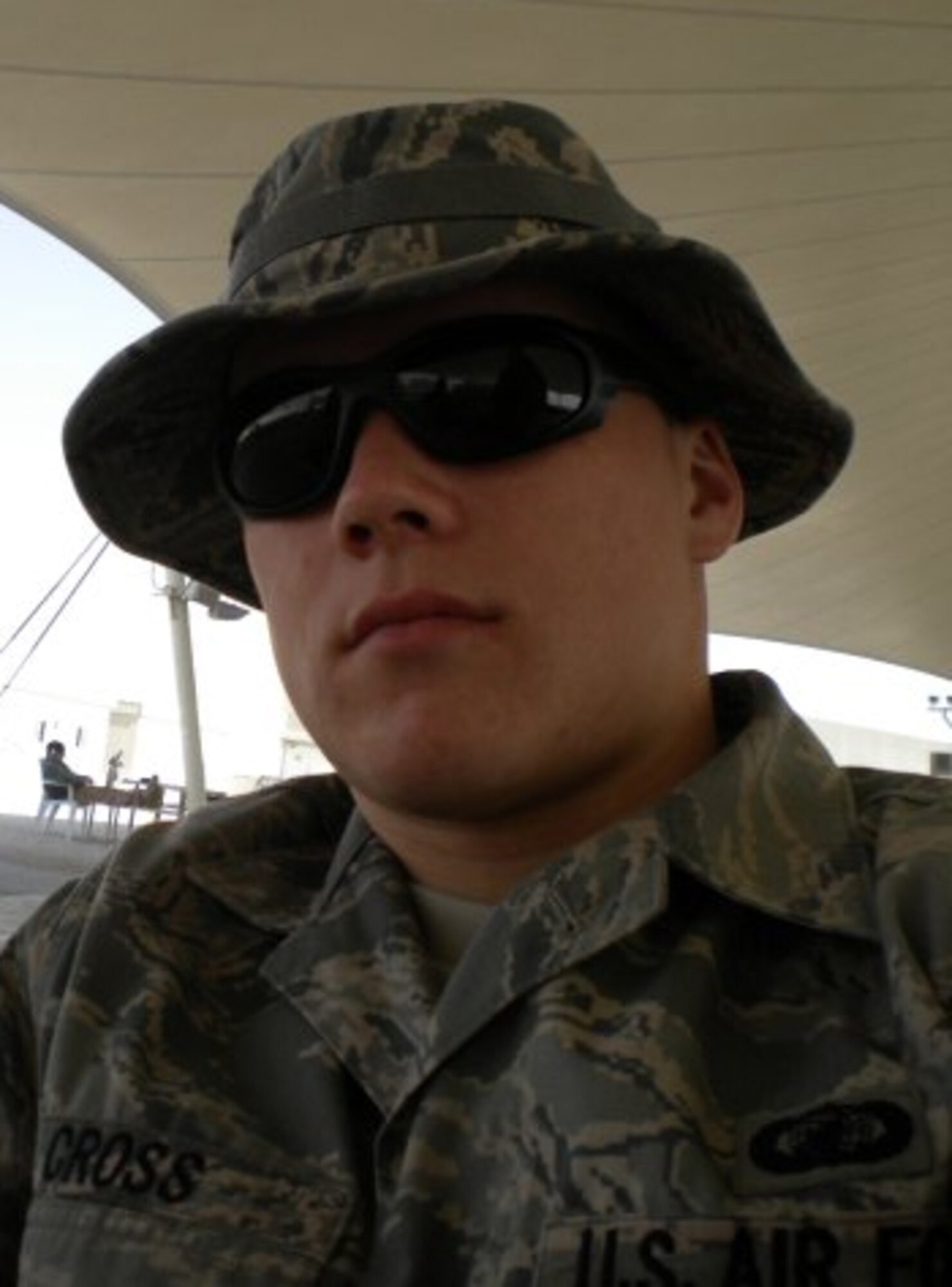 Senior Airman Devon Cross, 319th Comptroller Squadron, takes a break during his deployment earlier this year. (Courtesy photo)
