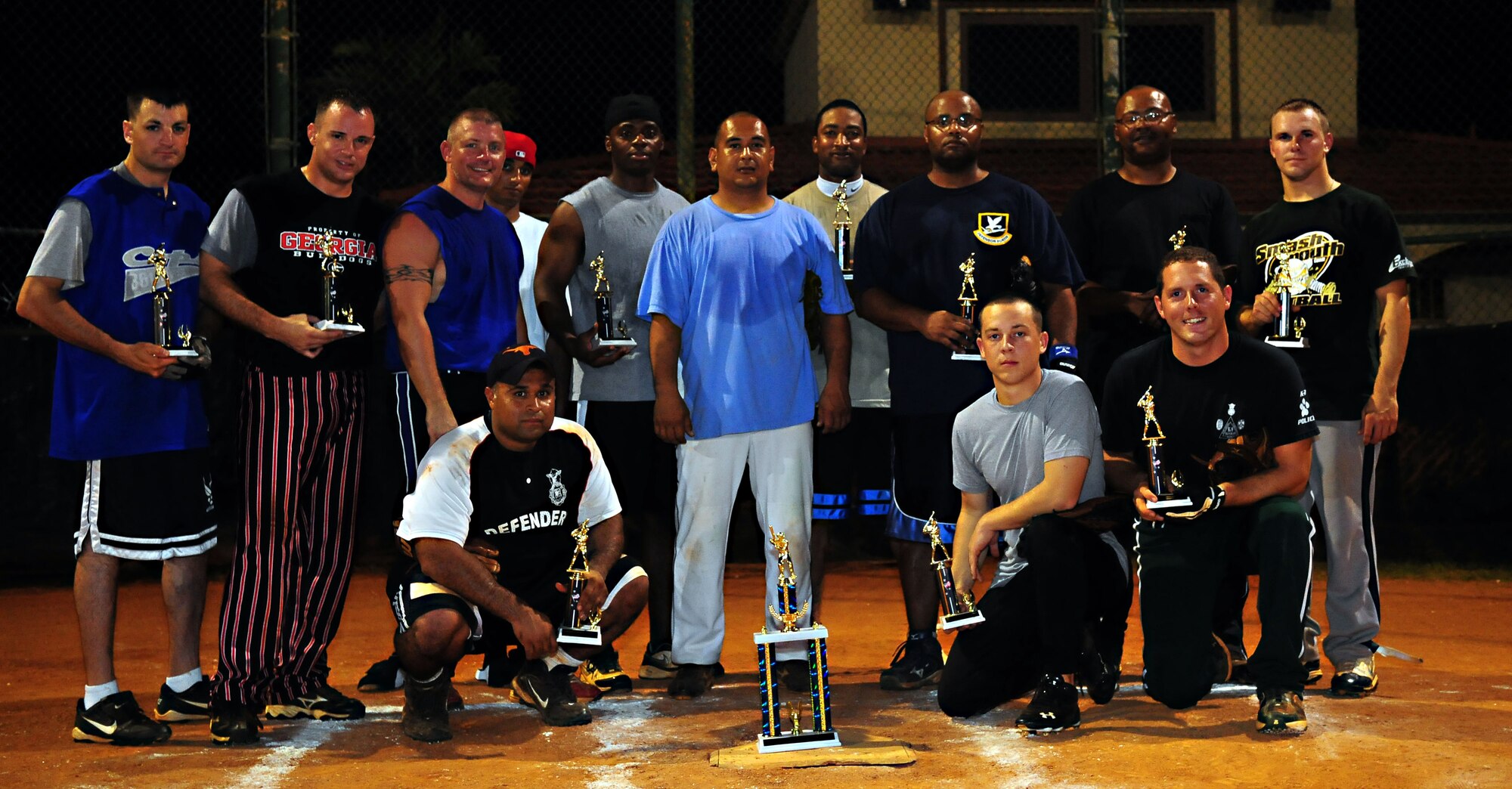 ANDERSEN AIR FORCE BASE, Guam ? Members of the 36th Security Forces Squadron softball team pose with their team and individual trophies after winning the base intramural softball championship game here Aug. 02. Members of the team are: Staff Sgt. Ryan Parr, Senior Airman Bryan Rowland, Master Sgt. Brian Simpson, Staff Sgt. William Townsend, Master Sgt. Shane Murrary, Staff Sgt. Kareem Morton, Staff Sgt. Jerelle Faust, Tech. Sgt. Joseph Quintanilla, Airman 1st Class Adam Hughes, and Tech. Sgt. Justin Carlton. (U.S. Air Force photo by Airman Julian North)     