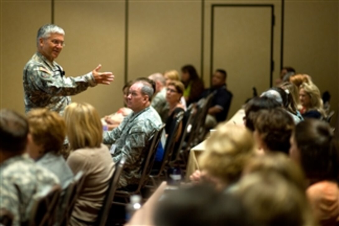 Chief of Staff of the Army Gen. George W. Casey Jr. addresses the audience of the 2010 National Guard Volunteer Workshop in New Orleans, La., on Aug. 3, 2010.  The theme for this year's workshop is "Determination, Patience and National Volunteers."  