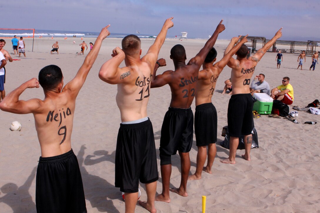 (Left to right) Lance Cpl. Julio A. Mejia, Lance Cpl. Matthew D. Goetsch, Cpl. William A. Staley and Lance Cpl. Scott D. Roberson, all personnel clerks with Alpha Company, Headquarters and Support Battalion, Marine Corps Base Camp Pendleton pose before a match at the Camp Pendleton’s 2010 Pendleton Cup two and four person Beach Volleyball Tournament at Camp Del Mar’s beach, Aug. 4. The Marine Corps Community Services Pendleton Cup Series provides active duty personnel, regardless of skill or experience, an opportunity to take part in a variety of competitive unit sports while competing for monetary prizes to be given to their respective unit's funds.