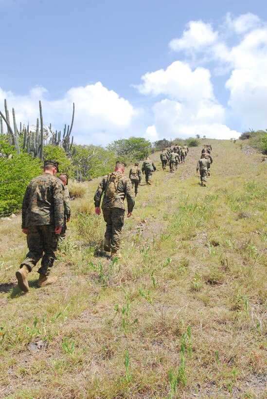 Marines of Special-Purpose Marine Air Ground Task Force Continuing Promise 2010 walk up the hill where on July 14, 1898, Sgt. John H. Quick and Pvt. John Fitzgerald performed heroic actions that earned them both the Congressional Medal of Honor.  Thirty Marines had the unique opportunity to visit the Spanish American War battle site, Aug. 5, while the USS Iwo Jima made a port stop at Naval Station Guantanamo Bay, Cuba. The USS Iwo Jima is currently underway to provide humanitarian assistance and disaster relief across Latin America and the Caribbean.