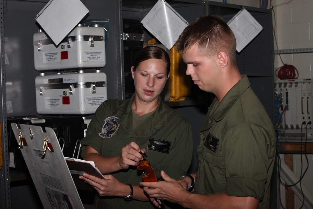 Sgt. Elizabeth A. Plaia and Lance Cpl. Brian C. Knowles, individual material readiness list asset managers with Marine Tactical Electronic Warfare Squadron 3, inventory a wire repair kit at VMAQ-3’s hangar Aug. 5. Plaia was recently announced as the 2010 winner of the Sgt. Maj. Bertha L. Peters award, an award to recognize an enlisted female Marine’s significant contribution to increased combat readiness in her organization.