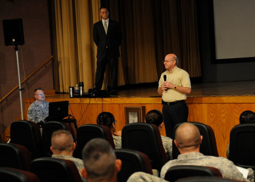 HOLLOMAN AIR FORCE BASE, N.M. -- George Roddy, 49th Logistics Readiness Squadron logistics manager, speaks to Holloman personnel after being briefed about the upcoming Expeditionary Combat Support System by Brad Stahlmann, Air Combat Command, ECSS organization change management representative, Aug. 3, 2010. The ECSS is an integrated technology system that will be the foundation of the Air Force's largest logistics transformation effort. The Air Force-wide implementation process of the ECSS is already underway and is slated to be fielded at Holloman in June 2012. The briefing represents the start of the ECSS implementation process and involved preparing Holloman personnel and leadership for the change. Additionally, Mr. Roddy was appointed the change-agent coordinator at Holloman and will be the point of contact for ECSS questions or concerns. (U.S. Air Force photo by Airman 1st Class Eileen Payne / Released)