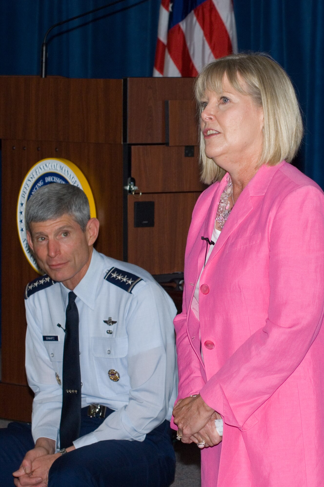 During a visit to Maxwell Air Force Base on July 28, Gen. and Mrs. Norton Schwartz spoke to students attending Eaker Center's Wing Commander's Course in the the center's Kaysing Auditorium. Suzie Scwartz also spoke to the spouses of new wing and deputy wing commanders while at the base. (U.S. Air Force/Melanie Rodgers Cox)