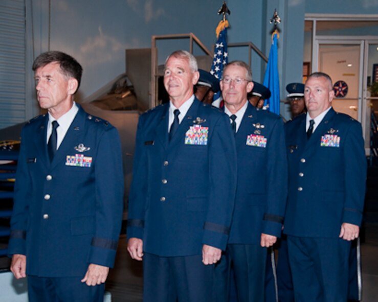 Left to right, Maj. Gen. Scott Hammond, Maj. Gen. William Holland, Brig. Gen. Thomas Moore, and Colonel Jeffrey Herd wait  to take the stage during the 116th Air Control Wing Change of Command ceremony July 8, 2010 at the Museum of Aviation Robins AFB, GA.
(U.S. Air Force photo by TSGT Roger Parsons)