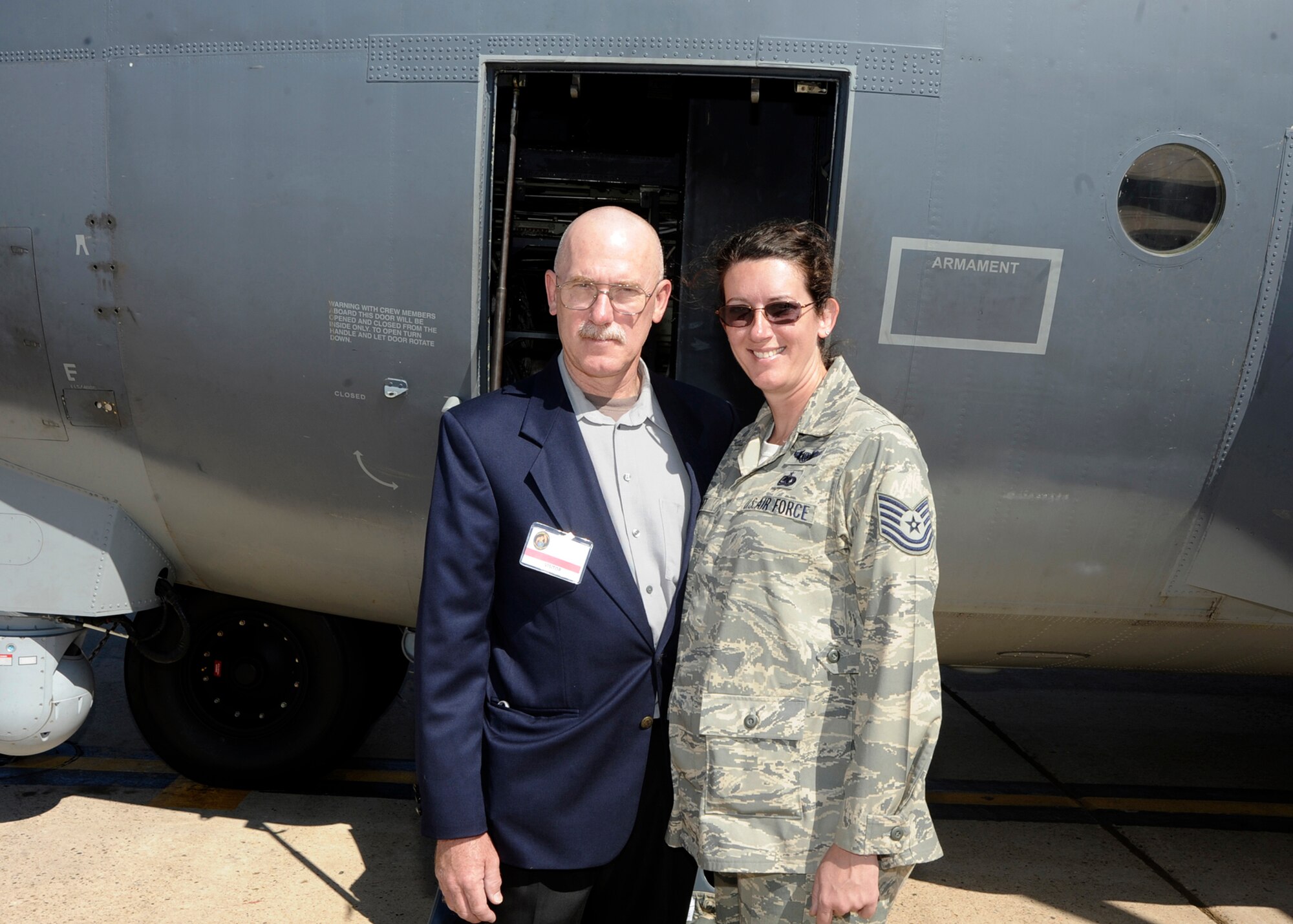 Master Sgt. Jennifer Seibt, and her father, retired Coast Guard Chief Warrant Officer 3rd Class William Seibt, stand in front of an MC-130W Dragon Spear July 30, 2010,  at Cannon Air Force Base, N.M. Mr. Seibt is a former avionics and navigator for C-130 aircraft, while Sergeant Seibt has been a loadmaster for the venerable airframe for seven years. Sergeant Seibt is assigned to the 73rd Special Operations Squadron. (U.S. Air Force photo by Greg Allen)