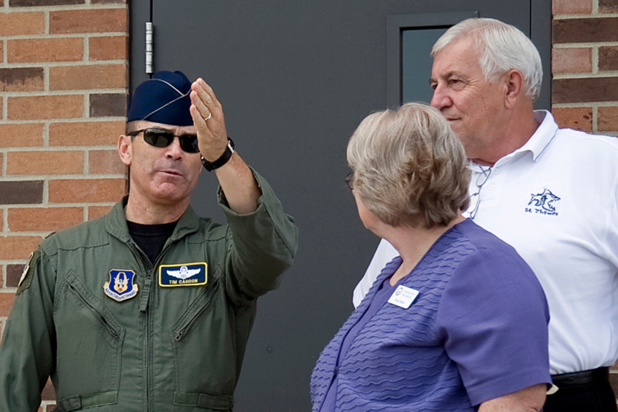 GRISSOM AIR RESERVE BASE, Ind. -- Col. William T. "Tim" Cahoon, 434th Air Refueling Wing commander, points out the proposed construction site for a new air traffic control tower here to Joe Oyler and Tresa Baker during an elected officials outreach event. Mr. Oyler is a military affairs specialist for Congressman Steve Buyer and Mrs. Baker is a special assistant to Congressman Dan Burton. (U.S. Air Force photo/Tech. Sgt. Mark Orders-Woempner)