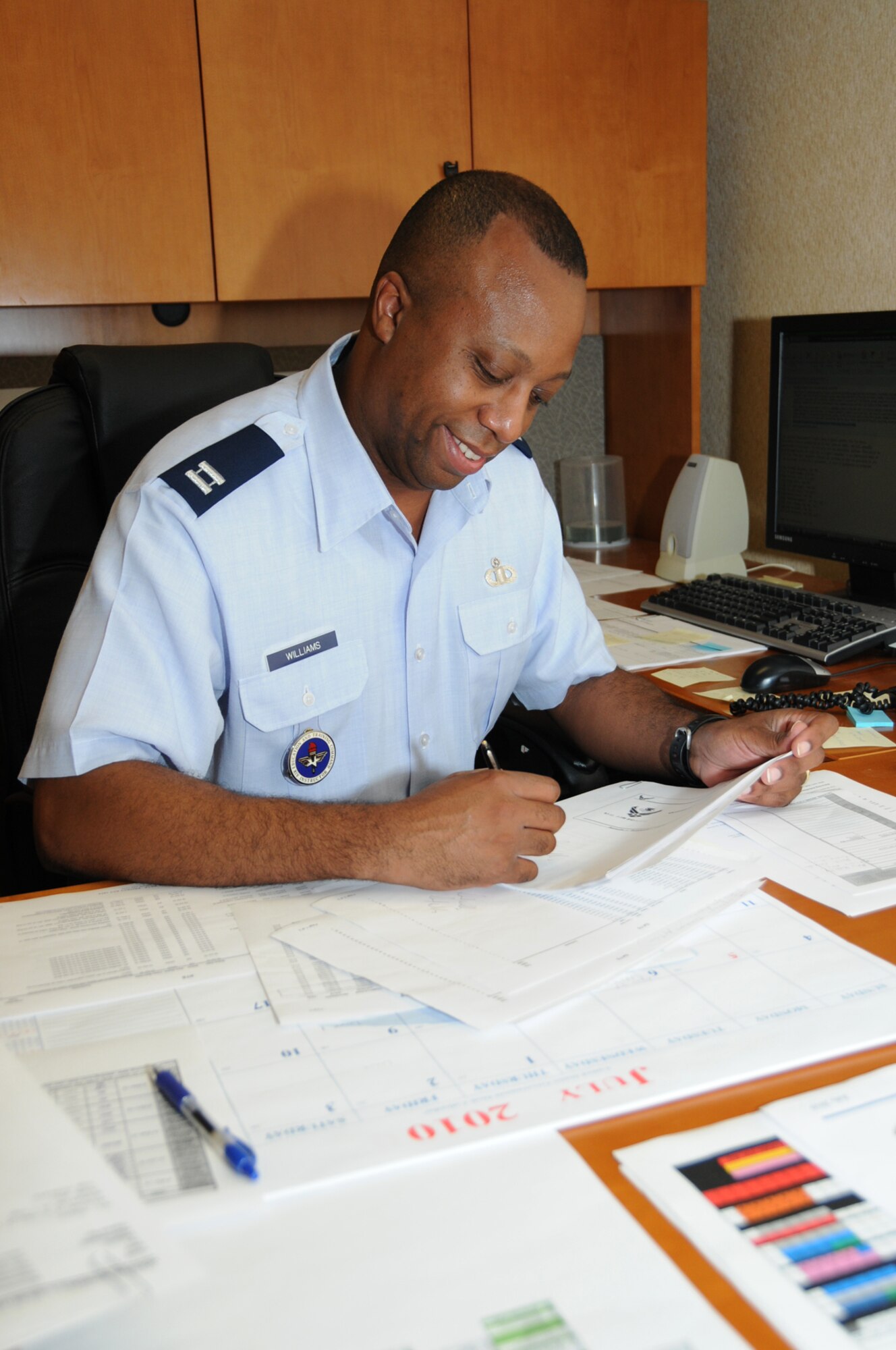 Major Williams, who pinned on his new rank this week, started his air traffic control career at Keesler 21 years ago as a technical trainee.  (U.S. Air Force photo by Kemberly Groue)