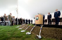 Gen. Norton A. Schwartz, Air Force chief of staff, Kenneth Fisher, Fisher House Foundation chairman, and Col. Robert H. Edmondson, Air Force Mortuary Affairs Operations Center commander, all members of the official party, take their position to begin the groundbreaking ceremony May 1, 2010 on a Fisher House for families of the fallen at Dover Air Force Base, Del. (U.S. Air Force photo/Jason Minto)


