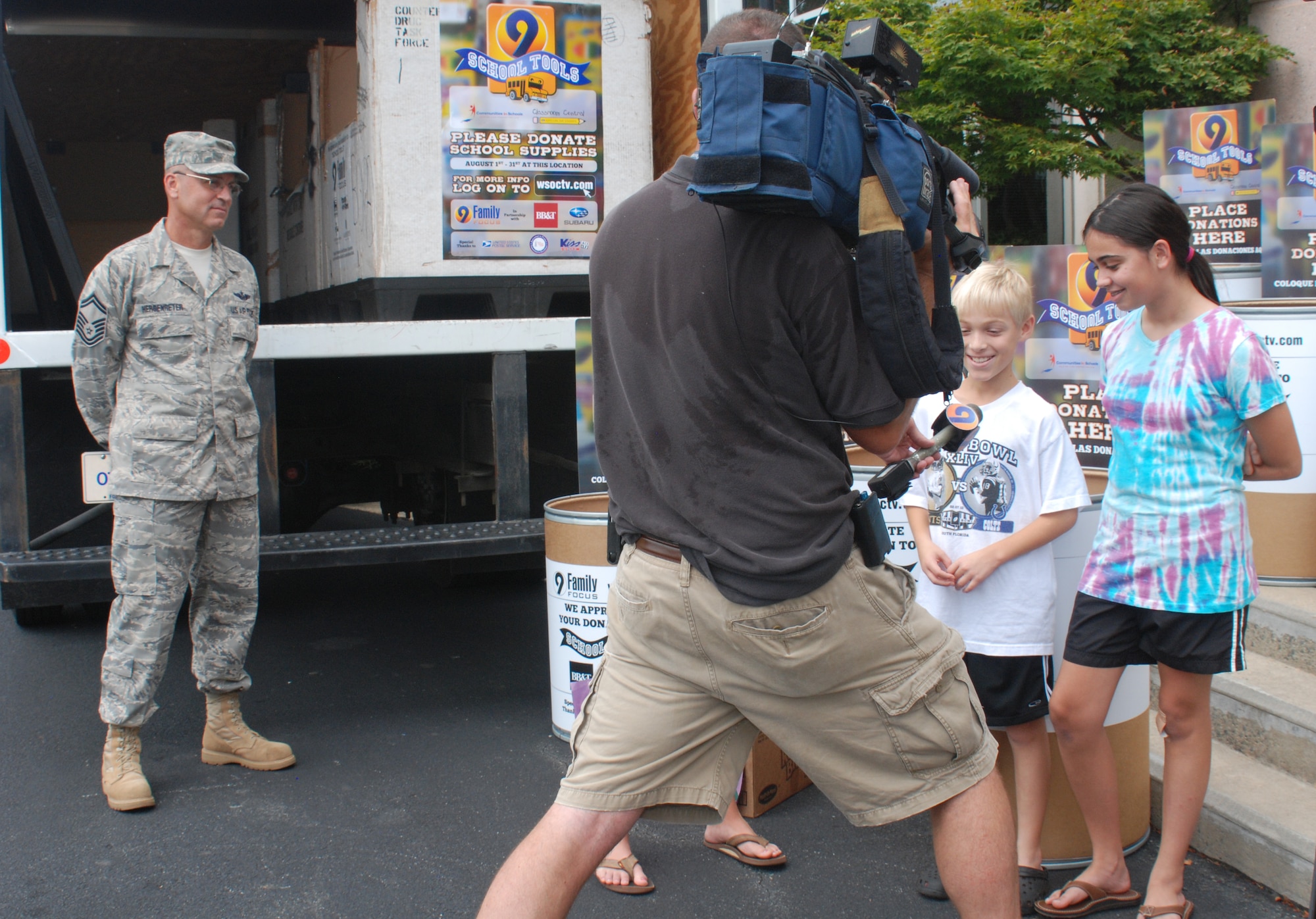 Charlotte, NC – Brother and sister Christopher and Kelsey came to WSOC-TV to drop off some book bags, paper and pens. While there, they get a chance to be interviewed and asked why they think their contributions matter.

The North Carolina National Guard is participating for the fourteenth year in WSOC-TV’s annual “School Tools” drive to collect school supplies for needy students. 

Photo by Master Sgt. Keith Dennis 145th Airlift Wing Public Affairs
