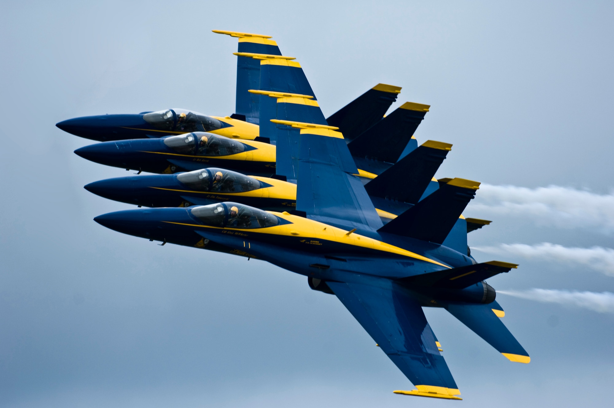 JOINT BASE ELMENDORF-RICHARDSON, Alaska -- A four-plane formation of Boeing F/A-18 Hornets from the U.S. Navy Blue Angels pass by center stage during their performance at Joint Base Elmendorf-Richardson's Arctic Thunder Aug. 1. Arctic Thunder 2010, a two-day event featured the Blue Angels and the Canadian Forces Snowbirds Demonstration Team, along with many other aerial demonstrations and static displays. (Air Force photo by Airman 1st Class Christopher Gross) 