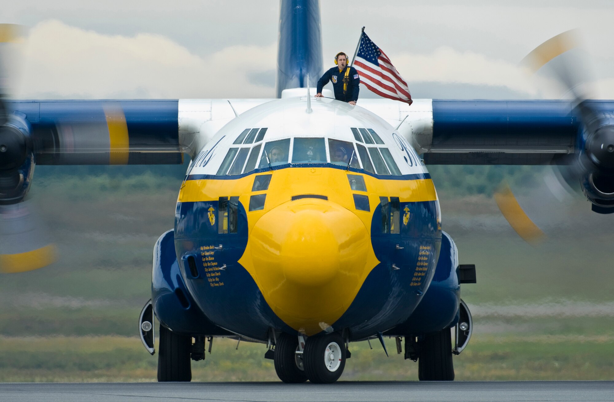 JOINT BASE ELMENDORF-RICHARDSON, Alaska -- The U.S. Navy Blue Angel's C-130 Hercules, nicknamed "Fat Albert," taxies in after its demonstration during Joint Base Elmendorf-Richardson's Arctic Thunder Aug. 1. "Fat Albert" transports the maintainers and crew of the Blue Angels. Arctic Thunder 2010, a two-day event, featured the Blue Angels and the Canadian Forces Snowbirds Demonstration Team, along with many other aerial demonstrations and static displays. (Air Force photo by Airman 1st Class Christopher Gross) 