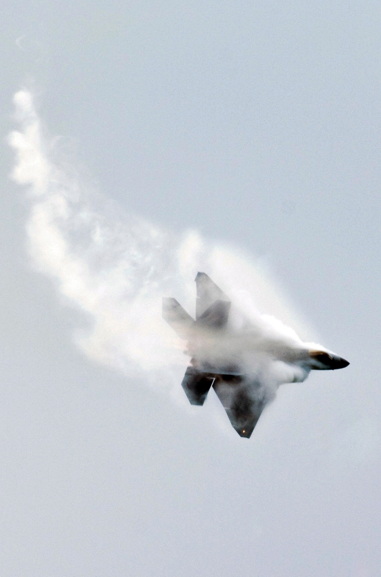 JOINT BASE ELMENDORF-RICHARDSON, Alaska -- An F-22 Raptor soars through the sky as it demonstrates its state-of-the-art capabilities during Joint Base Elmendorf-Richardson's Arctic Thunder Aug. 1. Arctic Thunder 2010, a two-day event, featured the U.S. Navy Blue Angels and the Canadian Forces Snowbirds Demonstration Team, along with many other aerial demonstrations and static displays. (Air Force photo by Airman 1st Class Christopher Gross) 