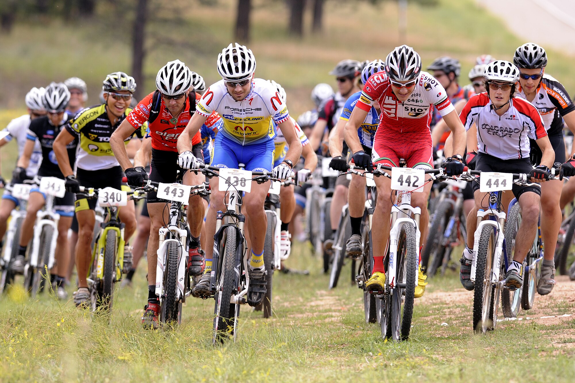 Bicyclists hit the Air Force Academy's Falcon Trail for the Rocky Mountain State Games' mountain biking competition Aug. 1, 2010. The Academy hosted several other state games events, such as soccer and archery. (U.S. Air Force photo/Mike Kaplan)
