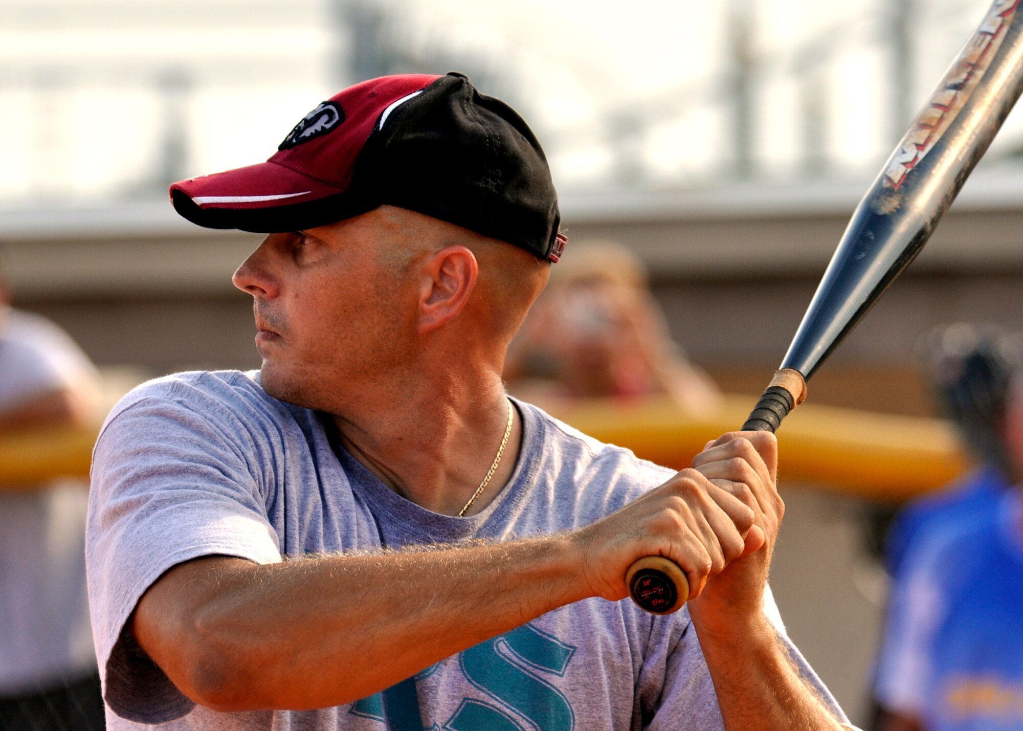 Tim Sandlin, 96th Logistics Readiness Squadron, waits for his pitch during the base intramural softball championship Aug. 2 at Eglin’s Foster Stadium.  The 96th Logistics Readiness Squadron team came up from the losers’ bracket to defeat MDG twice to claim the title in the double elimination tournament.  Taylor had two home runs for MDG during the games.  Both games were won by only one run, which was scored in the bottom of the final inning.  (U.S. Air Force photo/Tech. Sgt. Cheryl Foster.)