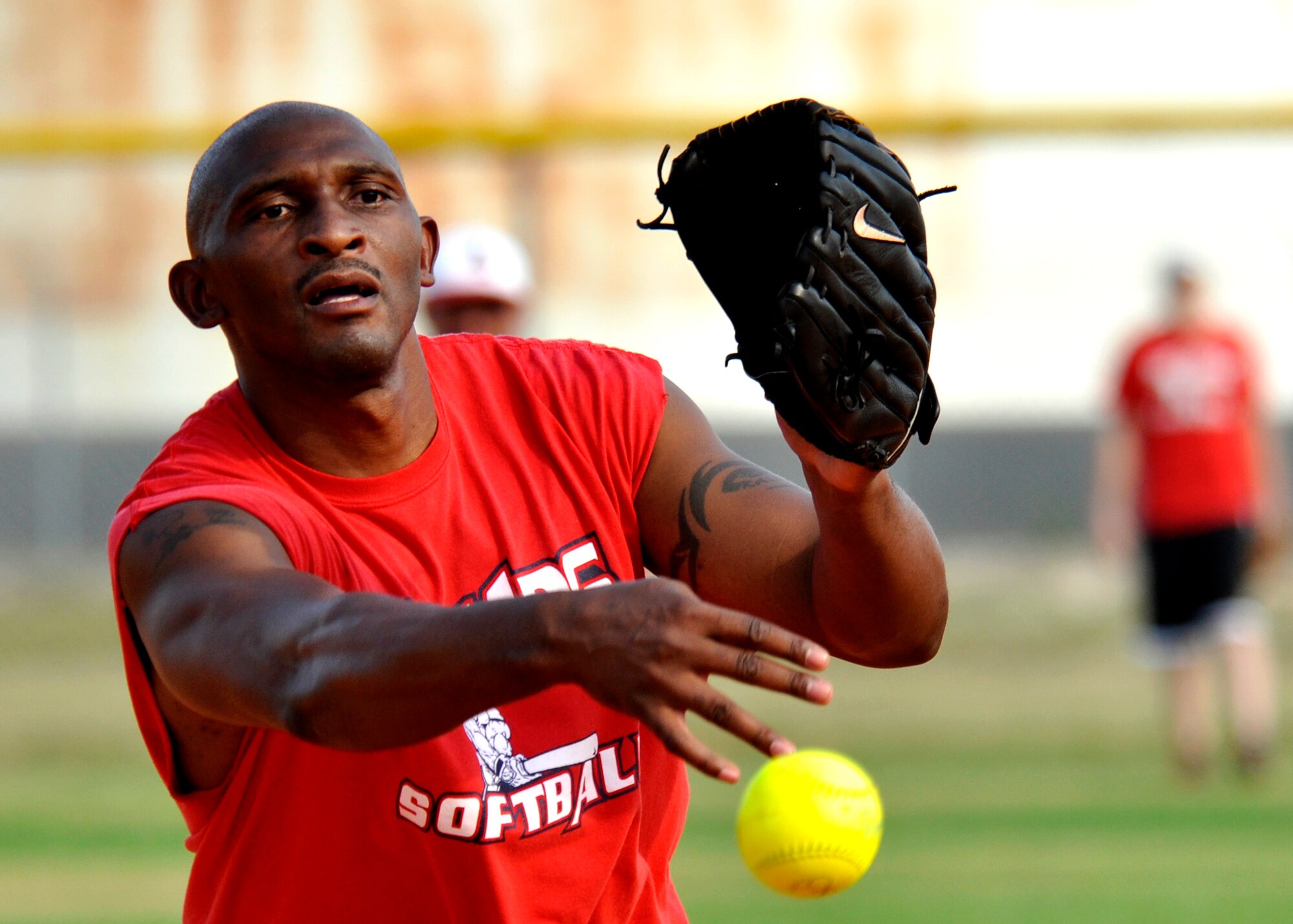 The 96th Medical Group pitcher, Rob Taylor, sends a pitch to the plate during the base intramural softball championship Aug. 2 at Eglin’s Foster Stadium.  The 96th Logistics Readiness Squadron team came up from the losers’ bracket to defeat MDG twice to claim the title in the double elimination tournament.  Both games were won by only one run, which was scored in the bottom of the final inning.  (U.S. Air Force photo/Tech. Sgt. Cheryl Foster.)