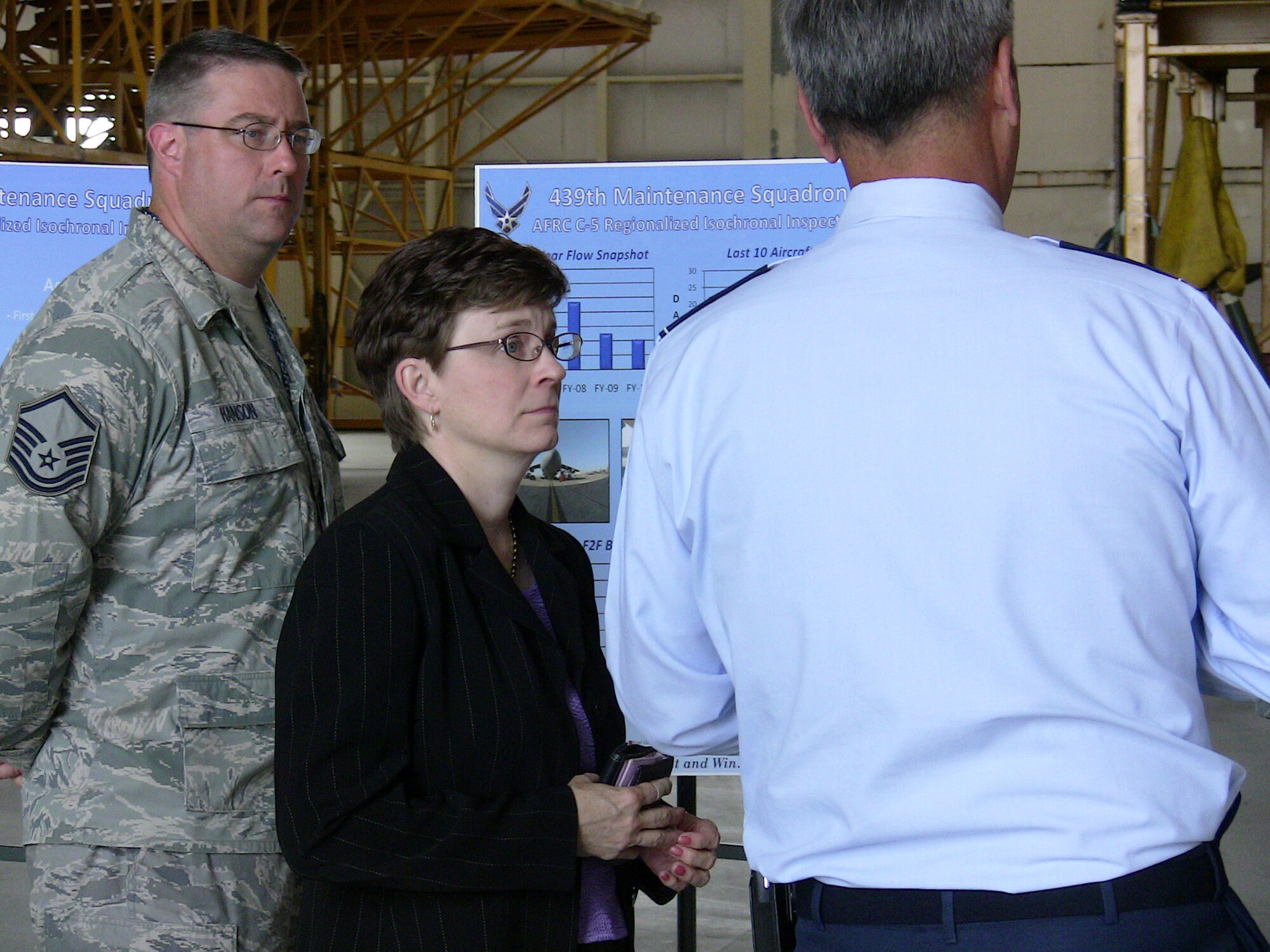 Lorraine Martin, the vice president of the C-5 Program at Lockheed Martin, paid a visit to Westover, Aug. 2, to see the C-5 operation here and to thank the Airmen who keep the massive jet flying.