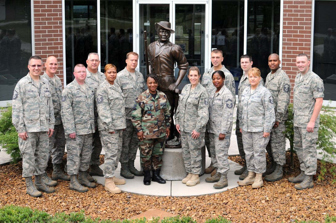 McGHEE TYSON AIR NATIONAL GUARD BASE, Tenn. -- The students and instructors of the Air National Guard Basic Retention Office Manager Course RT2010-D, gather on the campus of The I.G. Brown Air National Guard Training and Education Center here, July 13, 2010.  Pictured L-R are Master Sgt. Gary Foster, instructor; Master Sgt. Eddie McElyea; Tech. Sgt. Rick Stoquert; Master Sgt. Stanley Krasinski; Master Sgt. Rebecca El; Staff Sgt. Christopher Schulte; Master Sgt. Sheila Williams; Master Sgt. Crystal Garris; Senior Master Sgt. Michelle Hicks; Master Sgt. Richard Mackanos; Tech. Sgt. Tom Gangi; Master Sgt. Maryanne Jankowski; Master Sgt. Michael Morris, Jr.; Tech Sgt. Jason McAlister, instructor.  (U.S. Air Force photo by Master Sgt. Kurt Skoglund/Released)