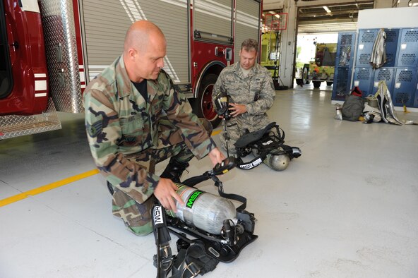 Firefighters Tech. Sgt. Craig Murdock and Staff Sgt. Robert Hunt conduct inspections on equipment at the 124th Fire Department, recently named Fire Department of the Year. (Air Force Photo by Master Sgt. Tom Gloeckle) 