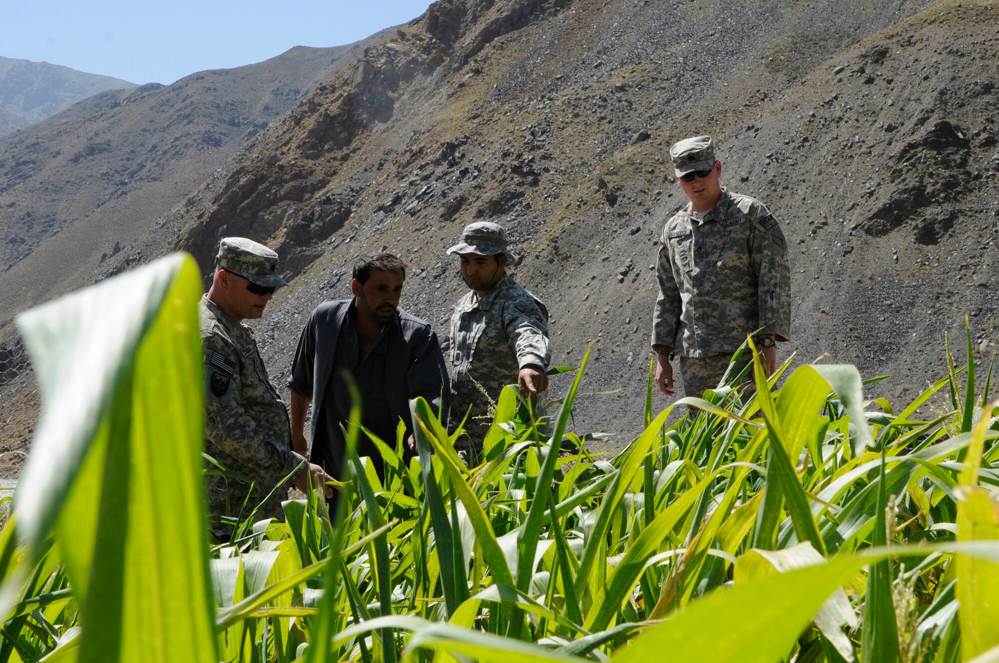 U.S. Army Lt. Col. Jeffrey Casada, Kentucky National Guard Agri-Business Development Team (ADT) leader and U.S. Army Staff Sgt. Joshua Hancock, ADT member with the Panjshir Provincial Reconstruction Team talks, with the assistance of an interpreter, to Shah Mirza, the manager of the Dashtak Demonstration Farm.  The farm established in 2008, is a way for the American experts to demonstrate techniques to the locals in order to increase crop yields. (Photo by U.S. Air Force Tech. Sgt. Sean M. White, PRT Panjshir Public Affairs Photographer)