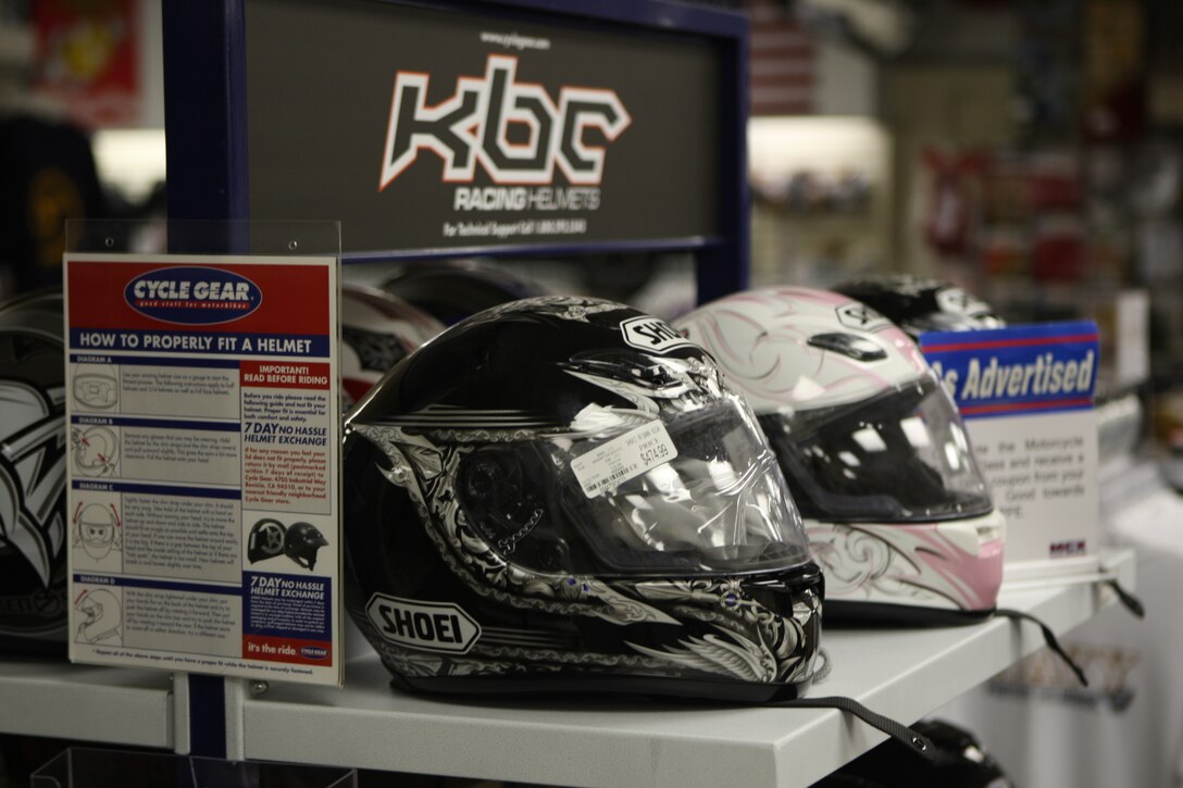 Motorcycle helmets line the shelves at the Marine Corps Exchange Hadnot Point Annex aboard Marine Corps Base Camp Lejeune, recently. The annex now has proper motorcycle personal protective equipment advertising everything from padded jackets to riding boots.