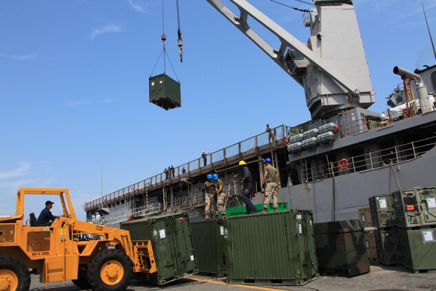 Combat Cargo Marines with 26th Marine Expeditionary Unit aboard USS Carter Hall wait to hook another quadruple container (QUADCON) to a crane Aug. 6, 2010. Combat Cargo Marines are responsible for all gear and vehicles being loaded and stowed aboard the ships of Kearsarge Amphibious Ready Group.  26th MEU deployed aboard the ships of Kearsarge Amphibious Ready Group in late August responding to an order by the Secretary of Defense to support Pakistan flood relief efforts.