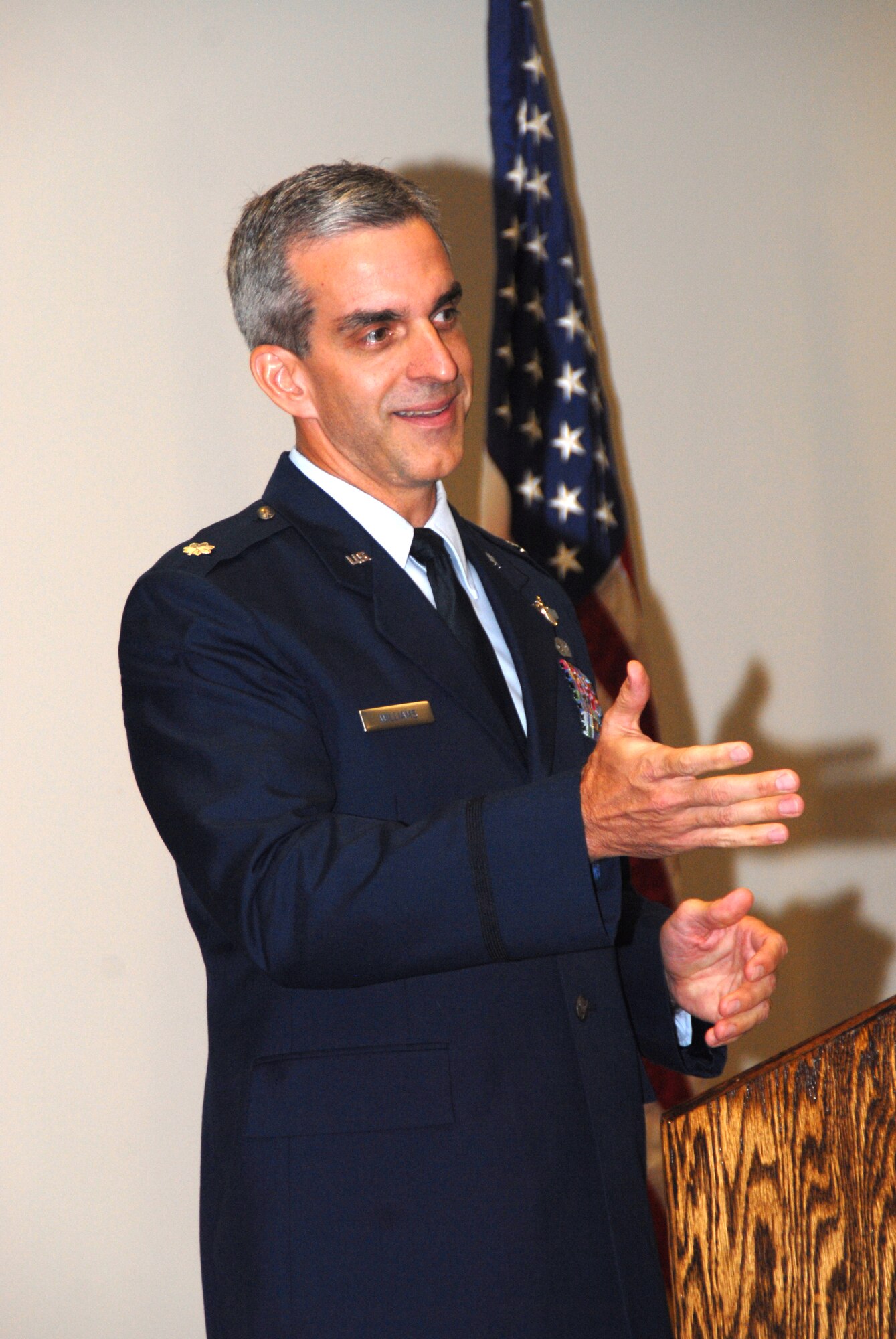 Lt. Col. Craig L. Williams, 345th Airlift Squadron commander, addresses an audience moments after assuming command of the 345th AS during the reactivation of the 345th Airlift Squadron at Keesler Air Force Base, Miss. Aug. 6. The 345th was reactivated making it the third Active Associate squadron assigned to the 19th Airlift Wing, Little Rock Air Force Base, Ark., and the first ever C-130J Total Force Initiative squadron. (U.S. Air Force photo by Capt. Joe Knable)