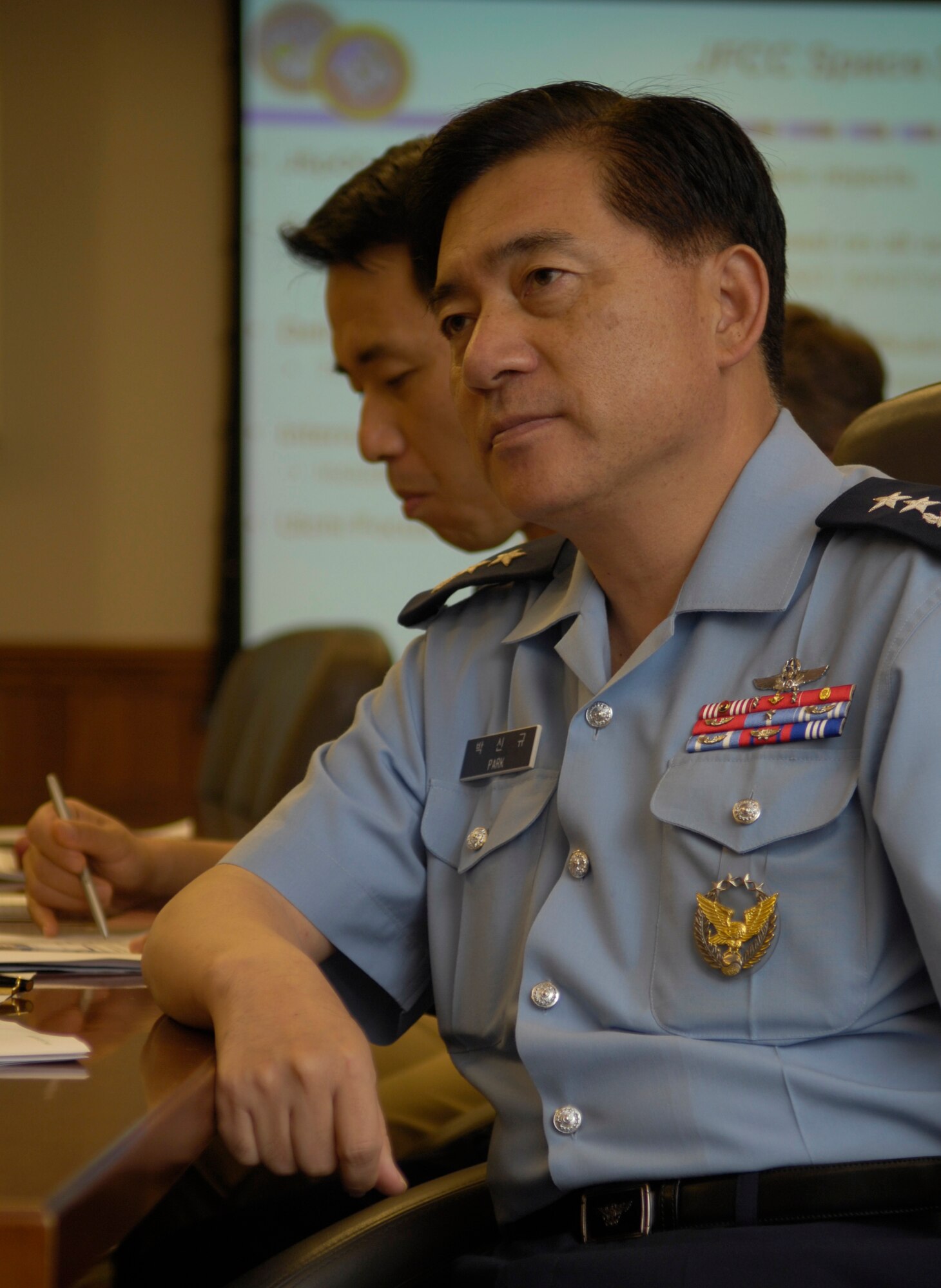 VANDENBERG AIR FORCE BASE, Calif. – Korean Air Force Maj. Gen. Sin-Kyu Park is briefed on the role of the Joint Functional Component Command for Space here Thursday, Aug. 5, 2010. General Park, and his translator Korean Air Force Lt. Col. Hak Chang Kim, visited the base to learn about the Joint Space Operations Center, Space Launch Complex-6 and to learn about JFCC Space. (U.S. Air Force photo/Airman 1st Class Lael Huss)