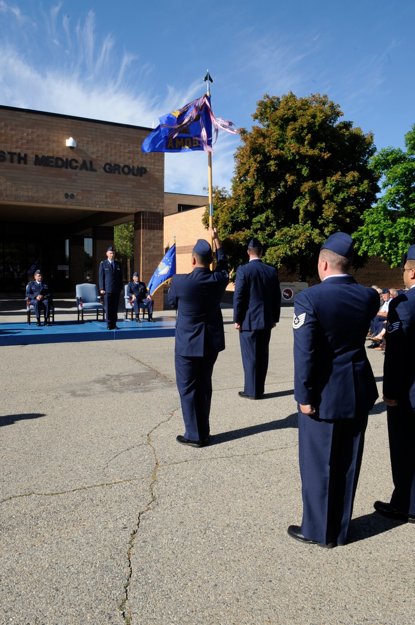 MOUNTAIN HOME AIR FORCE BASE, Idaho - New commander Lt. Col. Victor Caravello receives his first salute as incoming commander of the 366th Aero Medical Dental Squadron June 21. The ceremony was presided over by Col. Kevin Connolly. (U.S. Air Force photo by Airman 1st Class Angelina Drake)