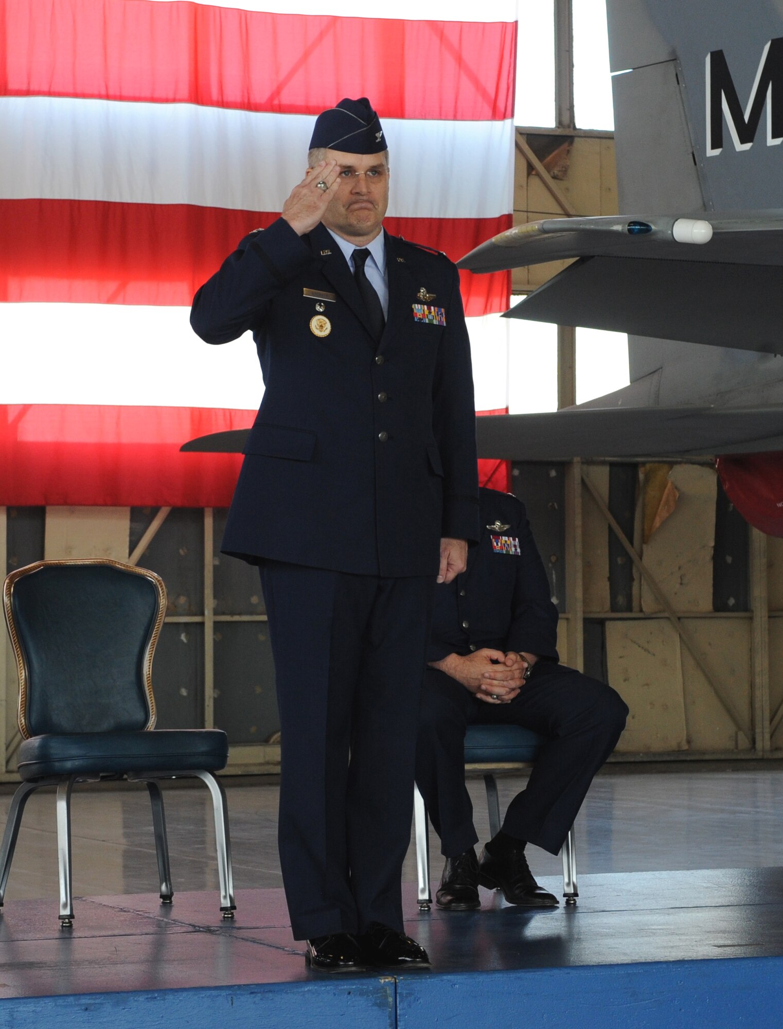 MOUNTAIN HOME AIR FORCE BASE, Idaho -- Col.  Ronald Buckley, incoming 366th Fighter Wing commander, receives his first salute as commander during the wing's change of command ceremony held in Hanger 211 May 24. Col. Buckley came from the 12th Operations Group at Randolph Air Force Base, Texas. (U.S. Air Force photo by Airman 1st Class Debbie Lockhart)