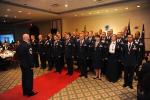 Thirty-five technical sergeants were welcomed by friends and family into the senior noncommissioned officer tier during the Senior NCO Induction Ceremony Aug. 5 at the Charleston Club on Joint Base Charleston, S.C. Within this corps, Airmen transfer from craftsmen and supervisors to senior leadership and managerial positions. This ceremony is held annually to commemorate this milestone in an Airman's career. (U.S. Air Force photo/Senior Airman Timothy Taylor)
