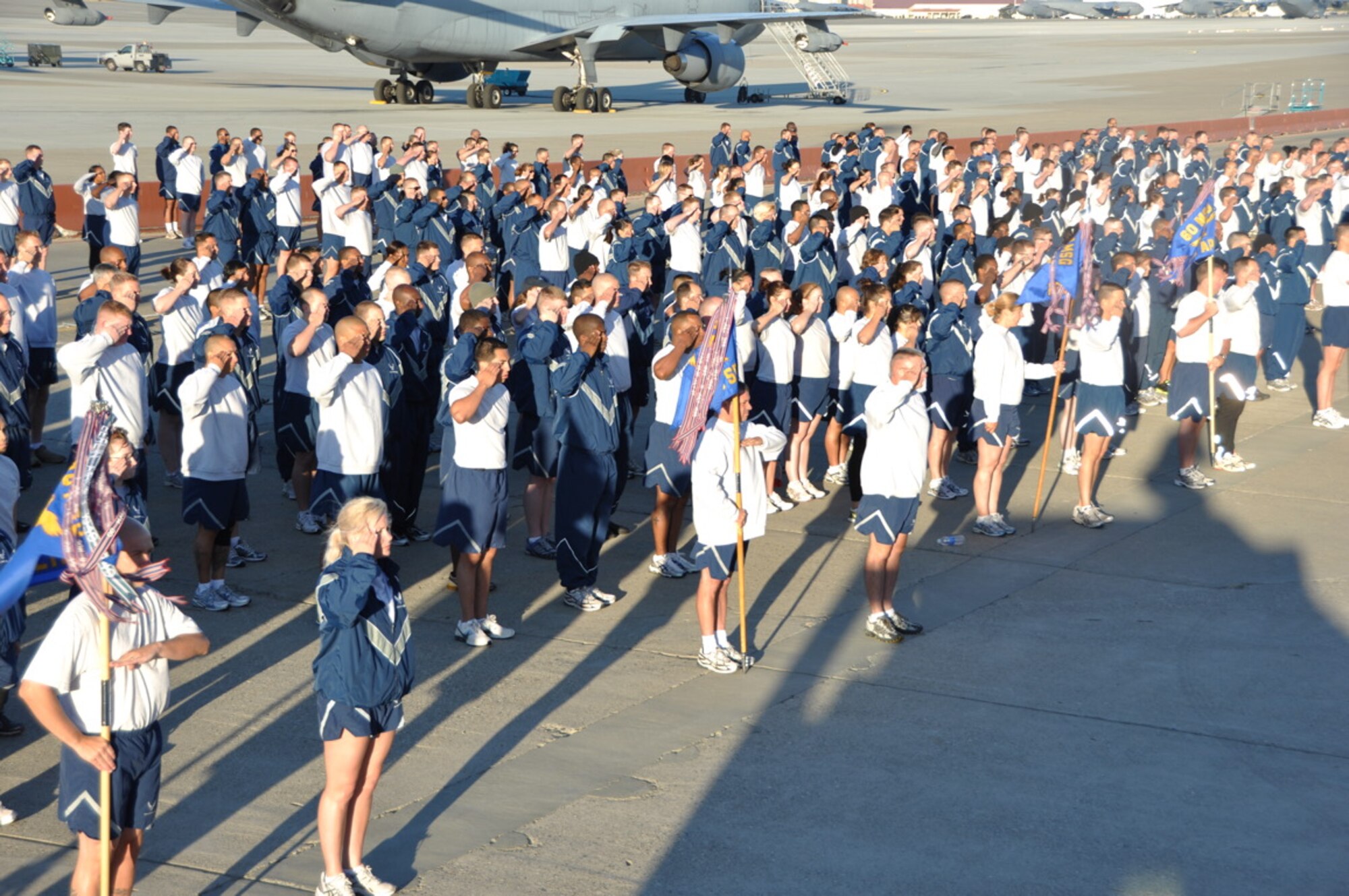 Airmen from Team Travis participate July 27 in the 60th Airmobility Wing "Fun Run." The two-mile run is a way for Airmen to interact with other Airmen from all squadrons from around base, as well as promote unity, morale and good health. (U.S. Air Force photo/Capt. Melissa Milner)