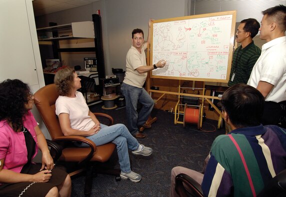 David Slack leads a weekly meeting of engineers as they discuss the latest changes in how telephone service will be provided.  The 38th Cyberspace Engineering Group located at Tinker has a broad reach of customers, serving every major command with thousands of customers who unknowingly rely on them for seamless communications every day. (Air Force photo by Margo Wright)