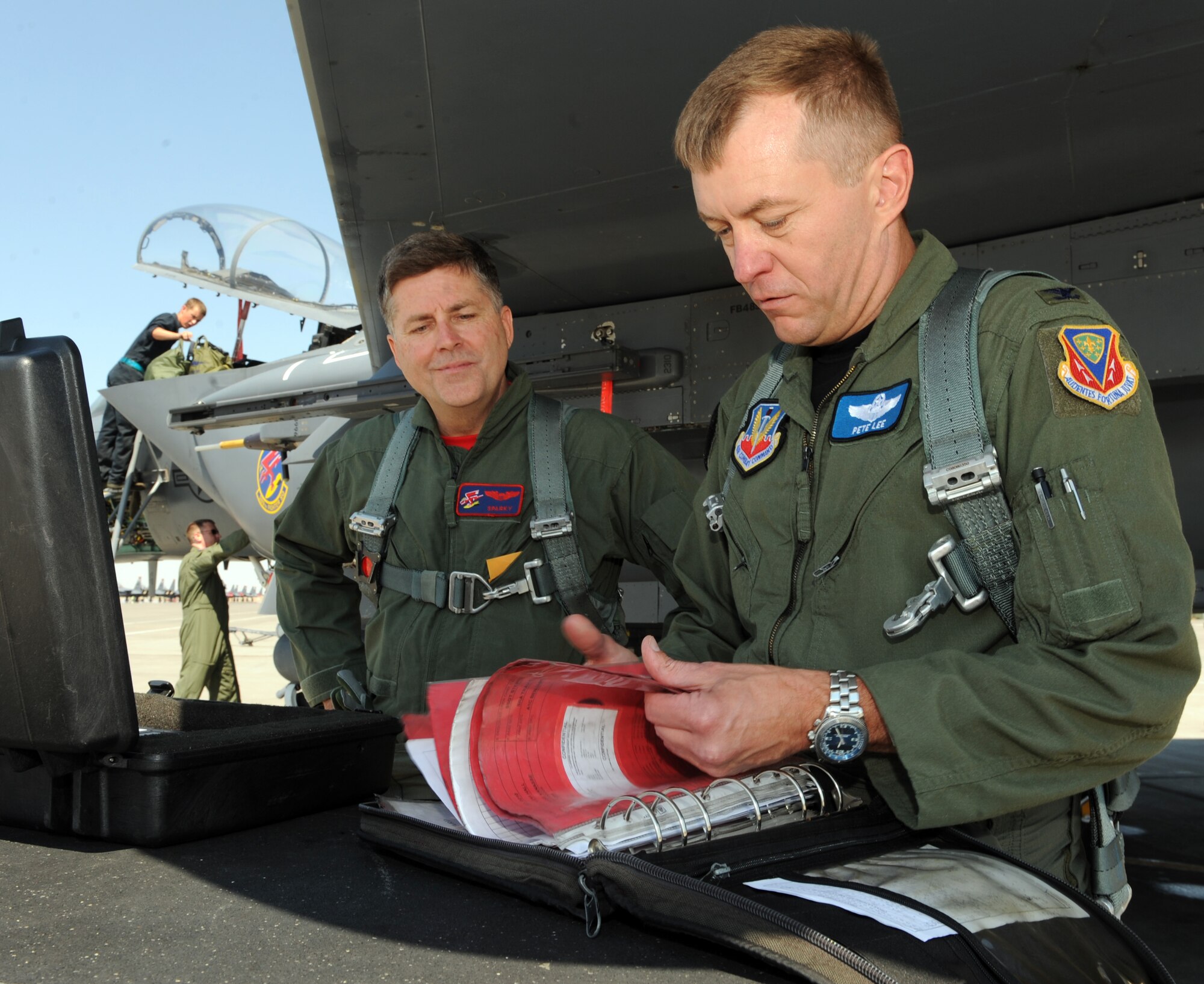 MOUNTAIN HOME AIR FORCE BASE, Idaho -- Col. Pete Lee, 366th Fighter Wing vice commander, goes through a pre-flight inspection with Don Hall, Twin Falls mayor, gives a thumbs up before an incentive flight in an F-15E Strike Eagle July 29. (U.S. Air Force photo by Airman 1st Class Debbie Lockhart)