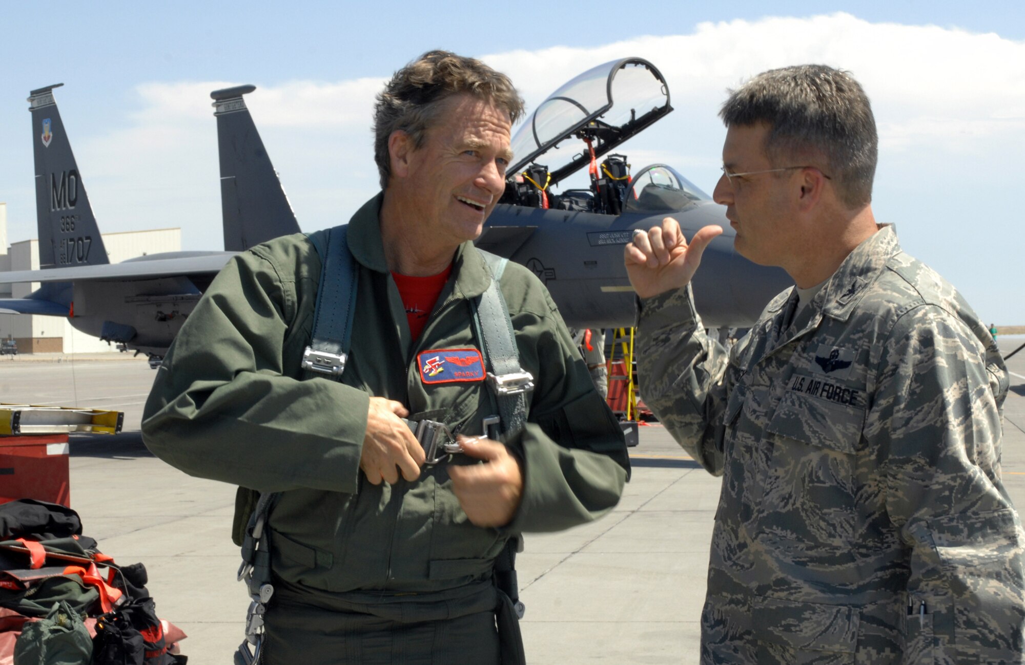 MOUNTAIN HOME AIR FORCE BASE, Idaho Lt. Governor Brad Little, is greeted by Col. Ron Buckley, 366th Fighter Wing commander after an incentive flight in an F-15E Strike Eagle July 29. (U.S. Air Force photo by  Senior Airman Alyssa Wallace)