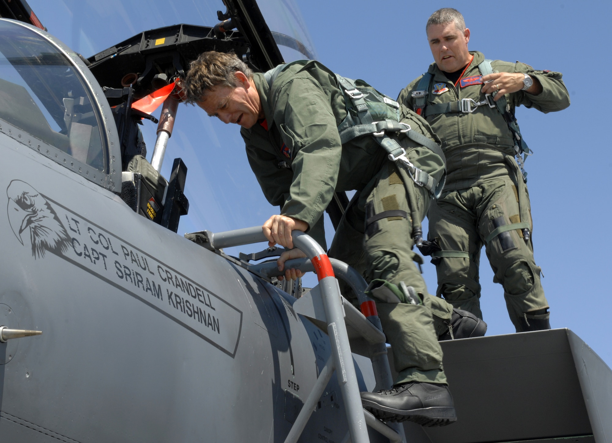 MOUNTAIN HOME AIR FORCE BASE, Idaho Lt. Governor Brad Little climbs out of an F-15E Strike Eagle after an incentive flight July 29. (U.S. Air Force photo by Senior Airman Alyssa Wallace)