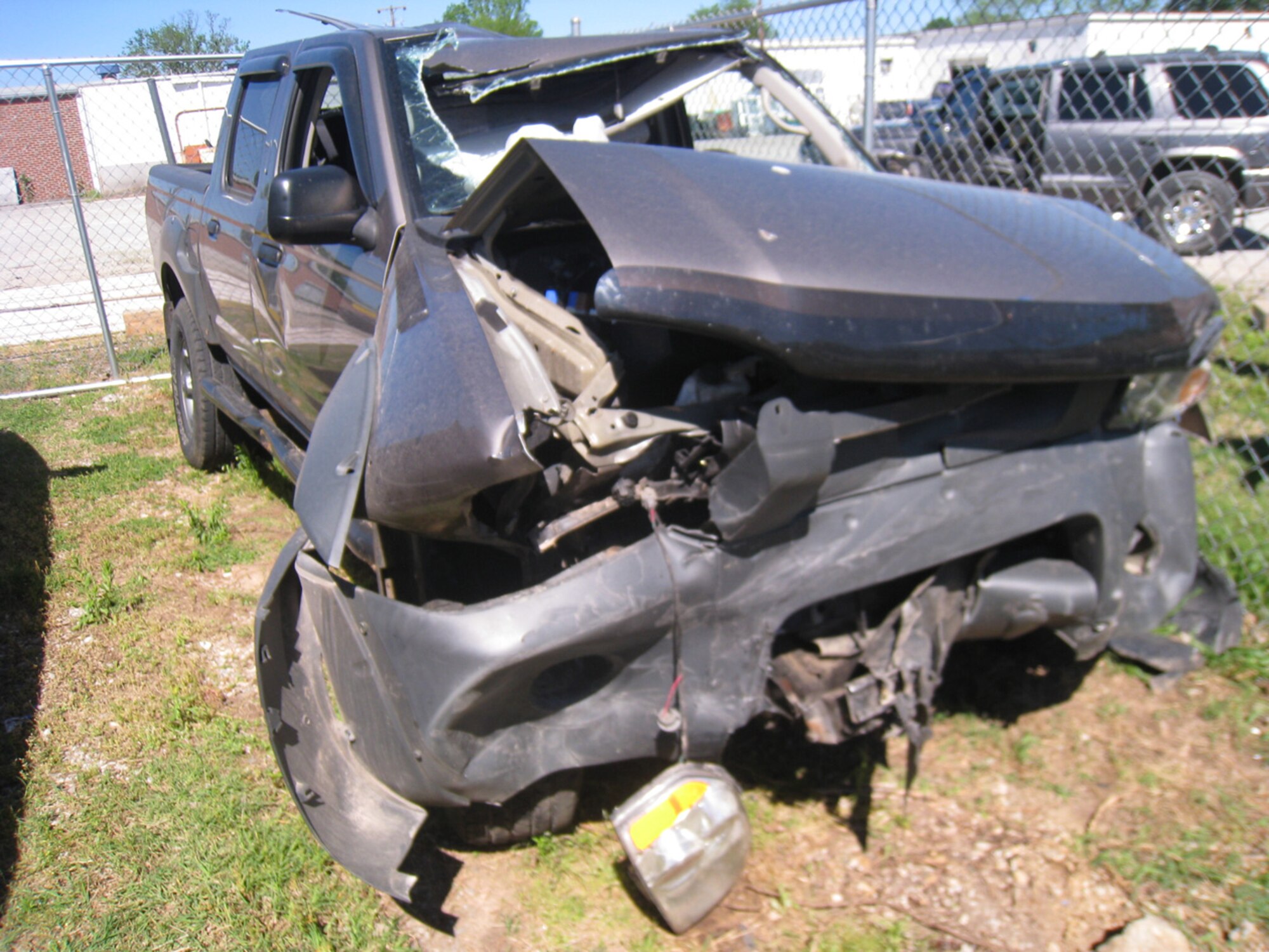 Rescue personnel had to extricate Charles Conry from this truck after a recent automobile accident near AEDC. He credits his seat belt with saving his life. (Photo by Jenny Conry)