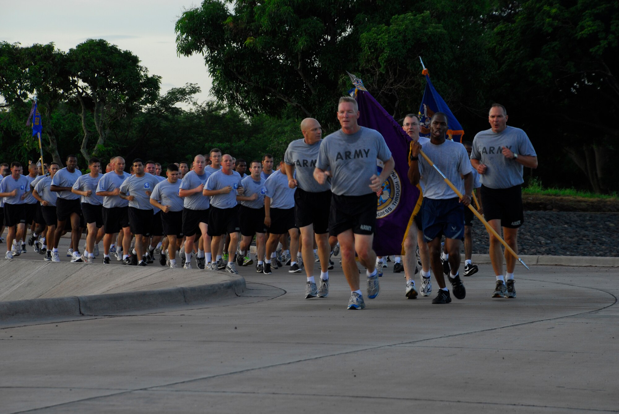 SOTO CANO AIR BASE, Honduras --  Col. Gregory Reilly, the Joint Task Force-Bravo commander, leads the way during the JTF-Bravo Run here Aug. 6. (U.S. Air Force photo/Tech. Sgt. Benjamin Rojek)