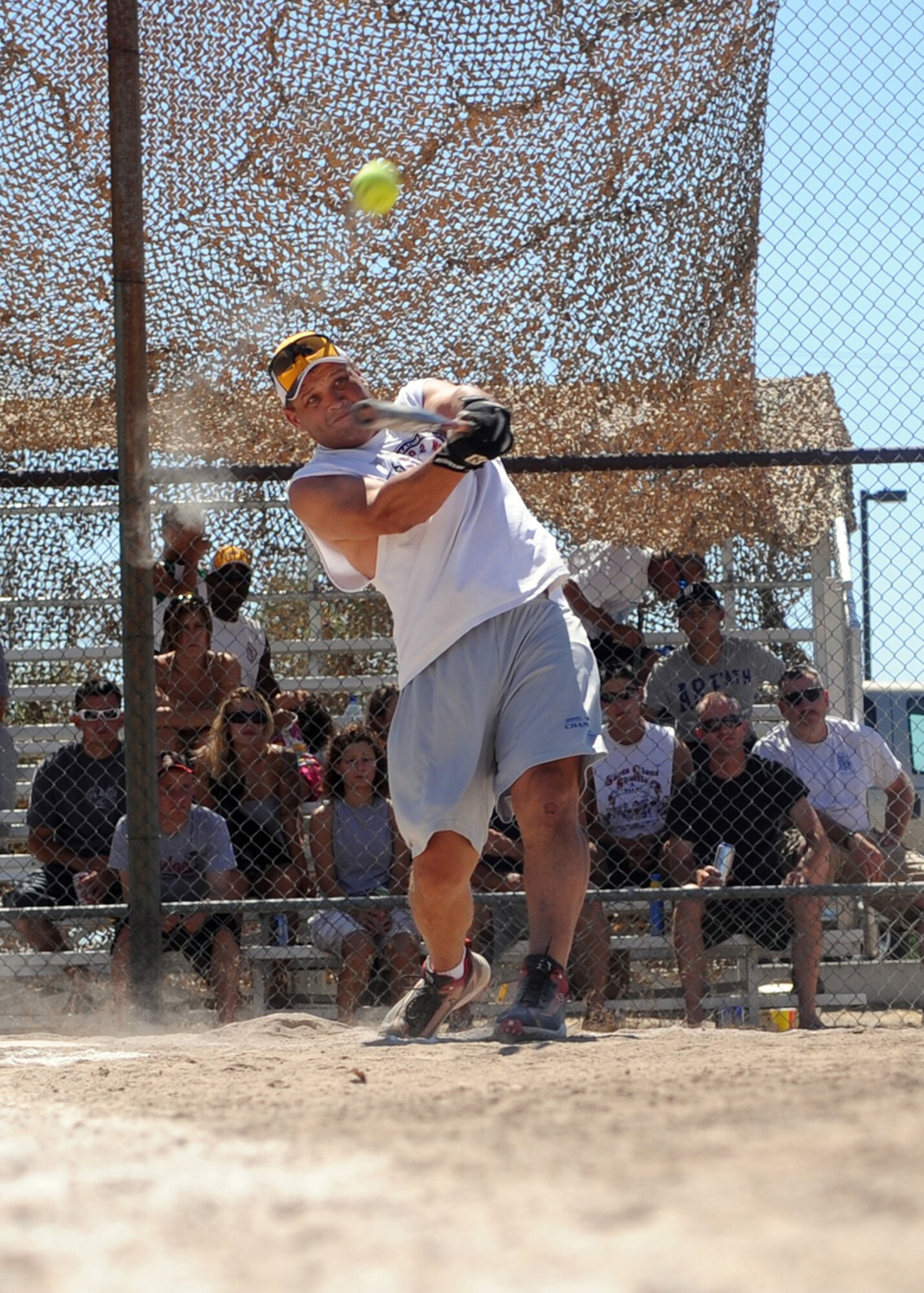 MOUNTAIN HOME AIR FORCE BASE, Idaho -- MSgt Sam Pursley, 726th Air Control Squadron, hits  a home run during the home run derby at the annual Operation Warm Heart Softball tournament July 29. MSgt Pursley won the derby with a total of four homeruns. Twenty four teams competed in the three day tournament raising $5,500 for Operation Warm Heart. (U.S. Air Force photo by Airman 1st Class Debbie Lockhart)