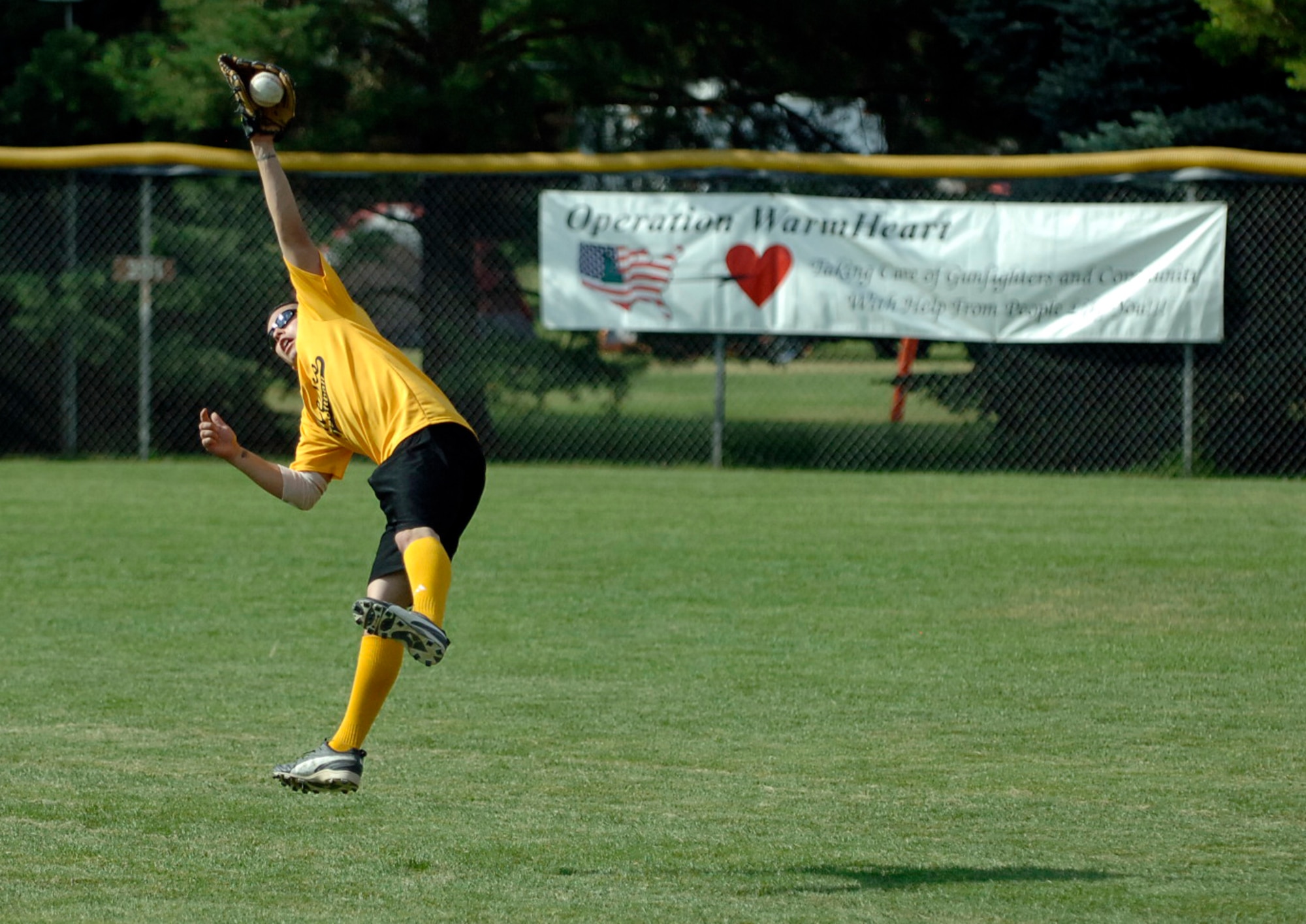 MOUNTAIN HOME AIR FORCE BASE, Idaho -- Jerry Ortega, team medics, warms up before a softball game at the annual Operation Warm Heart Softball Tournament July 29. Twenty four teams competed in the three day tournament raising $5,500 for Operation Warm Heart. (U.S. Air Force photo by Tech. Sgt. Mark Kenyon)