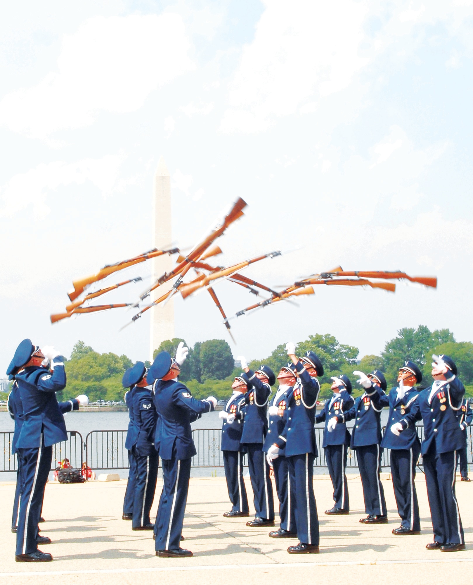 The United States Air Force Honor Guard Drill Team performs the mass overhead at the Jefferson Memorial in Washington D.C., during their Summer Drill series.  These drills were performed around the National Capital Region until July 29th.  Teh team will perform at 1 p.m. Tuesday in the Luke Youth Center adn 6 p.m. Wednesday at the Sun City Grand Ampitheater.  Community members are invited to attend.  (U.S. Air Force photo/Senior Airman Alexandre Montes)